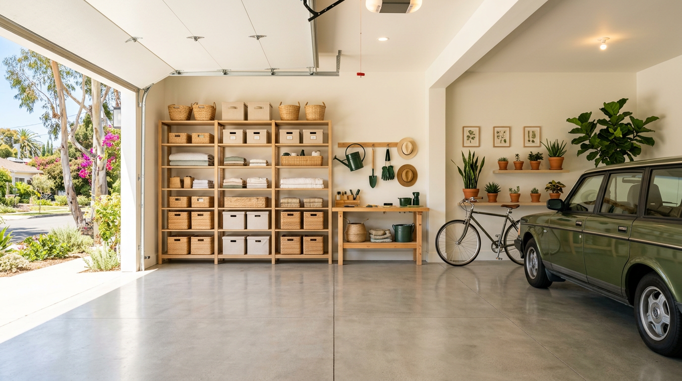 A tidy garage with neatly organized storage shelves